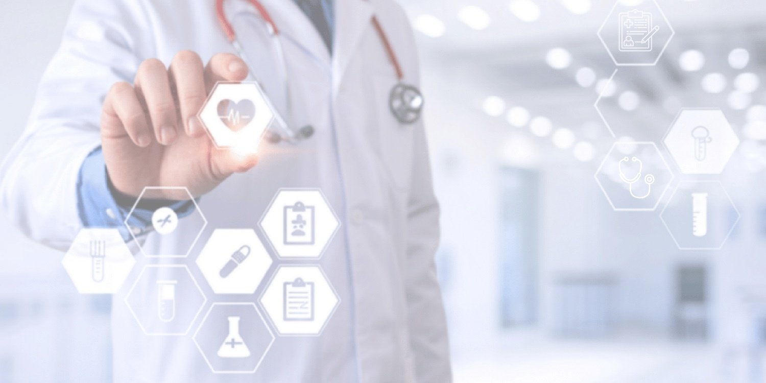Healthcare professional interacting with a digital healthcare interface — symbolising technology-enabled patient care